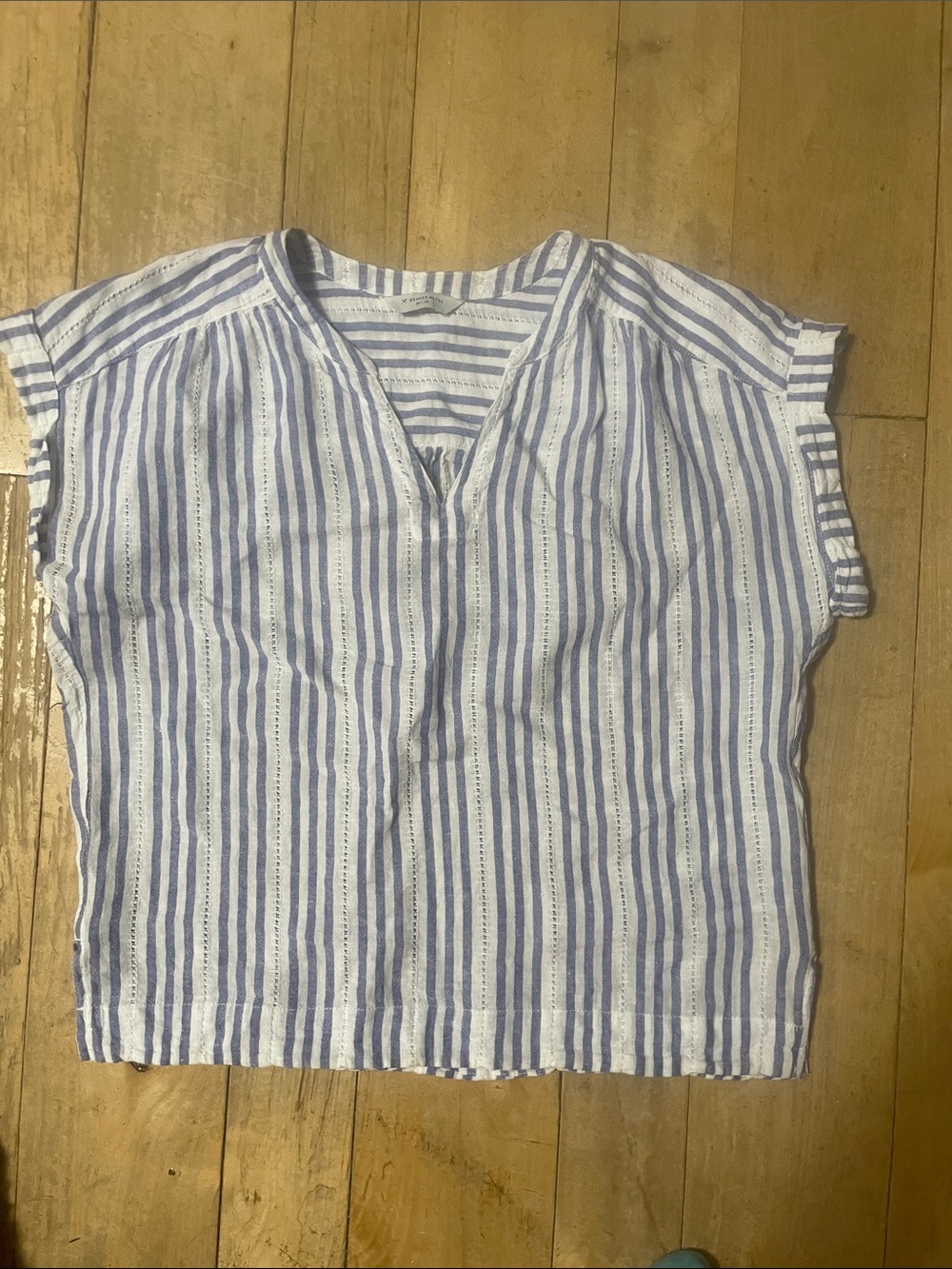 Denver Hayes White and Blue Striped Split-Neck Blouse